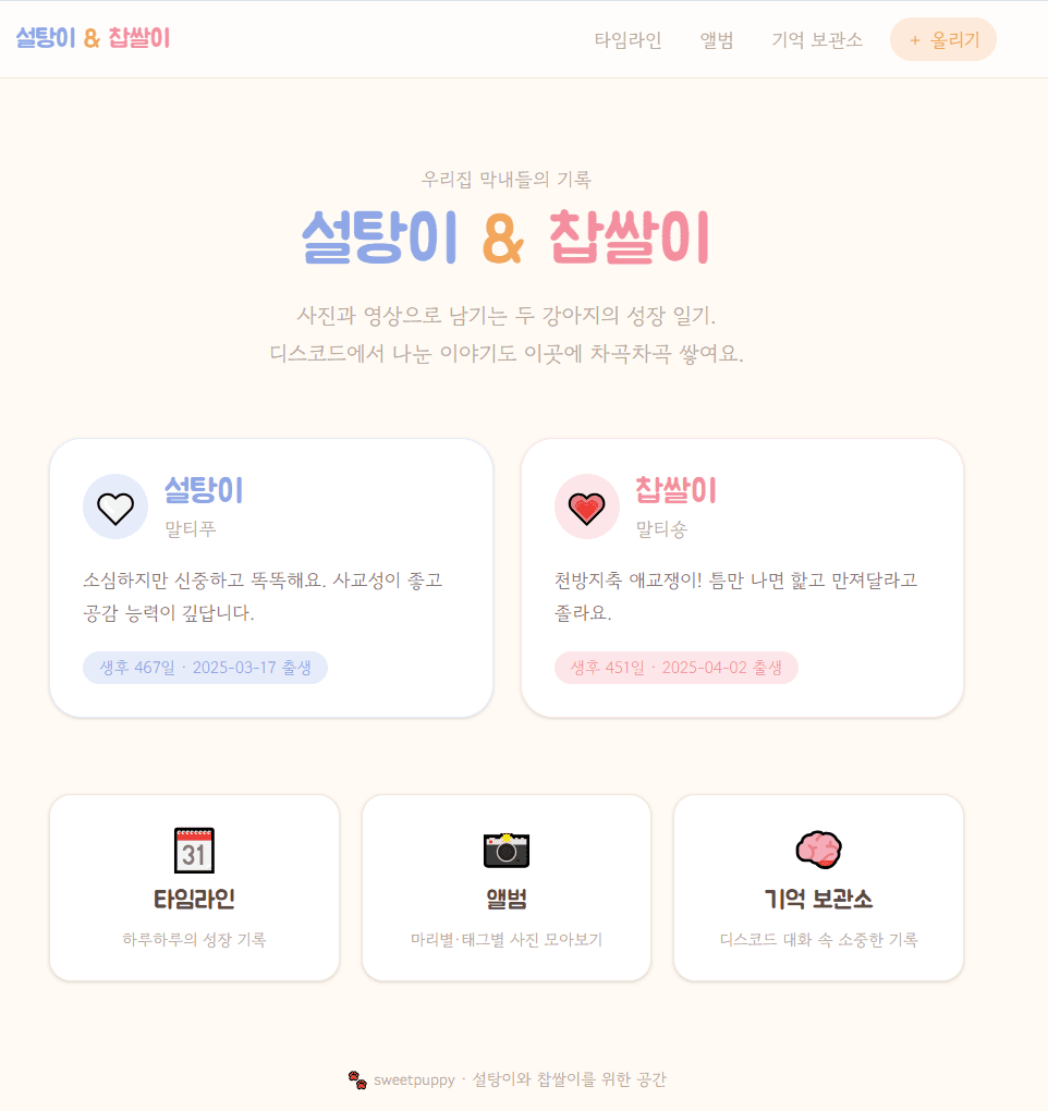 sweetpuppy — 반려견 성장 기록 웹앱 메인 화면